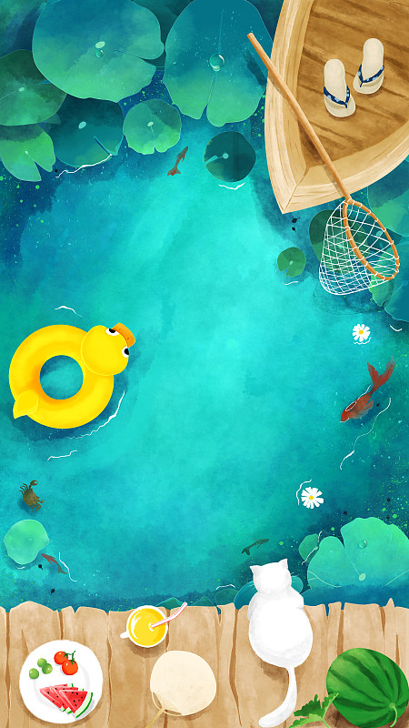 鱼儿蝌蚪游动的夏日荷塘上漂浮的小舟与小黄鸭创意手绘插画图片