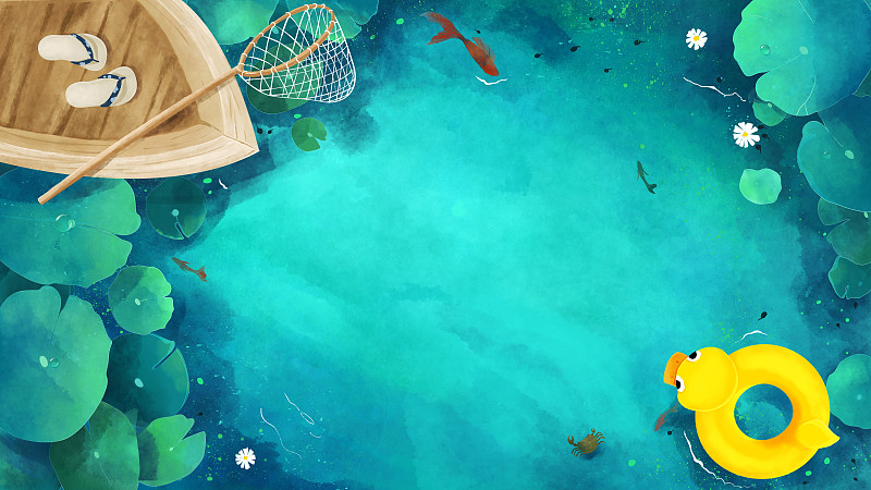 鱼儿蝌蚪游动的夏日荷塘上漂浮的小舟与小黄鸭创意手绘插画下载