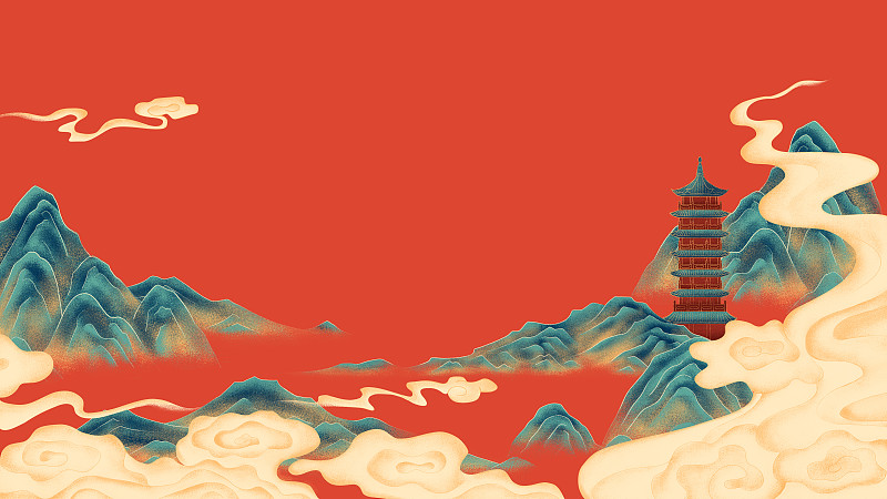 祥云环绕的群山与青塔手绘插画图片