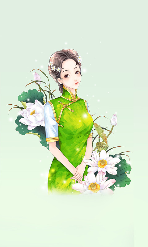 传绿色旗袍的荷花少女图片下载