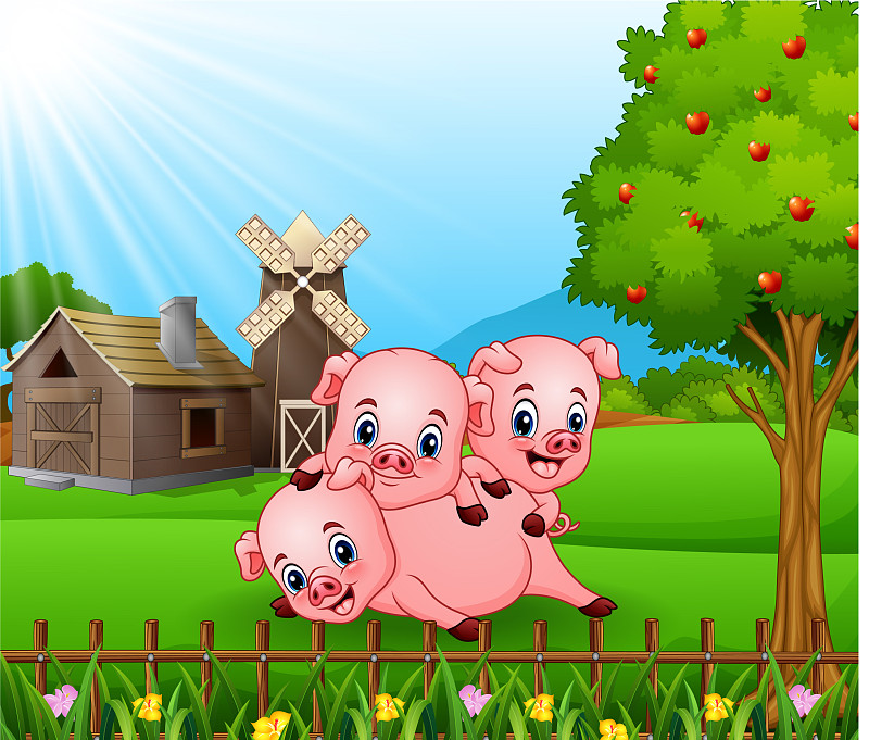 卡通的三只小猪在农场后面玩耍图片