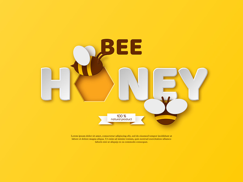 蜜蜂蜂蜜排印设计剪纸风格图片素材