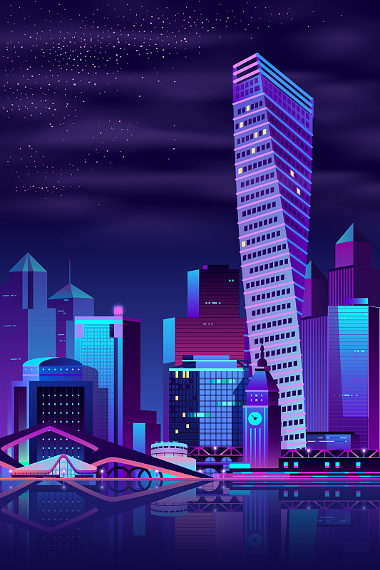 现代城市码头夜景漫画图片下载