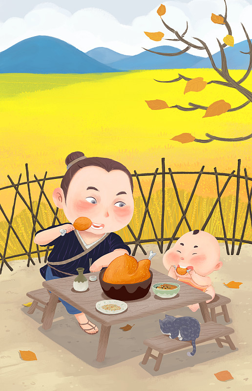 立秋贴秋膘习俗吃鸡吃肉秋季儿童二十四节气插画下载