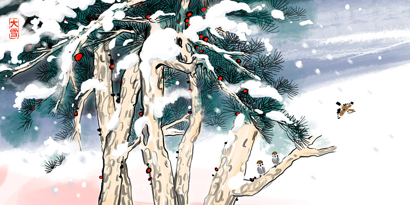 古典水墨画24节气大雪松树飞鸟图片素材