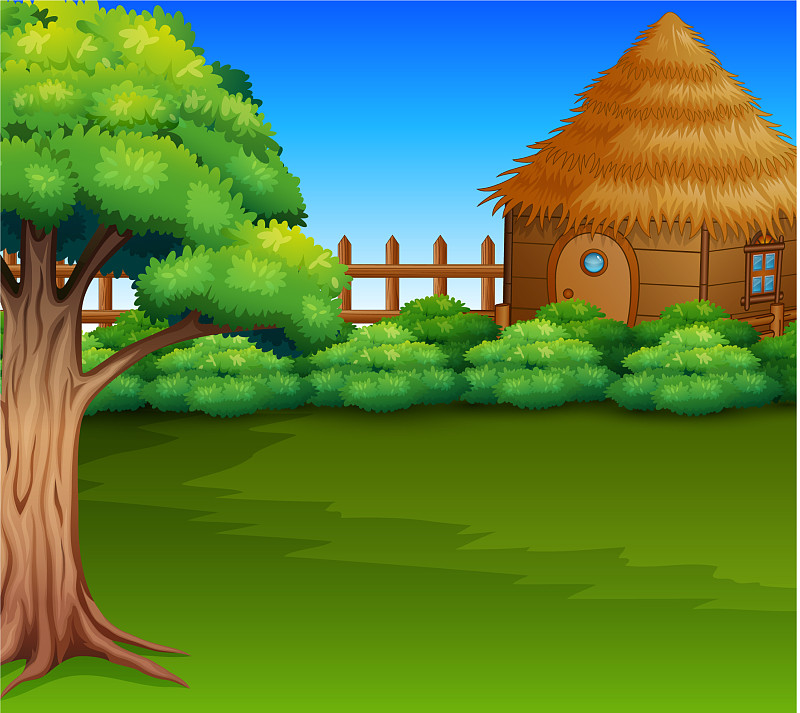 绿色田野中的木屋的卡通图片