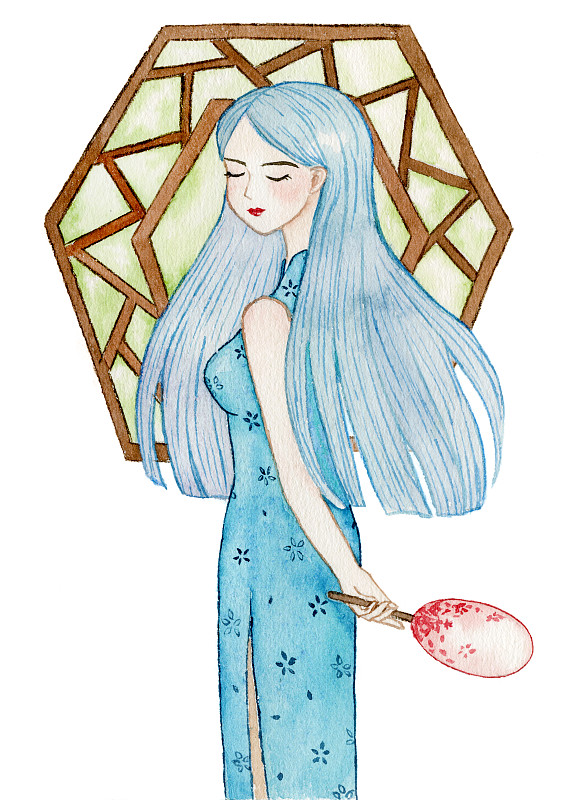 手绘水彩插画一个穿着蓝色旗袍的少女站在中国风窗格前下载