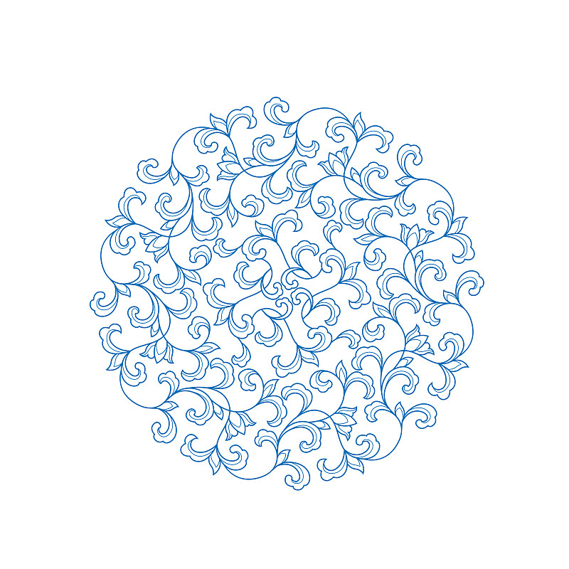 蓝色圆形线条植物叶子图案，白色背景图片素材
