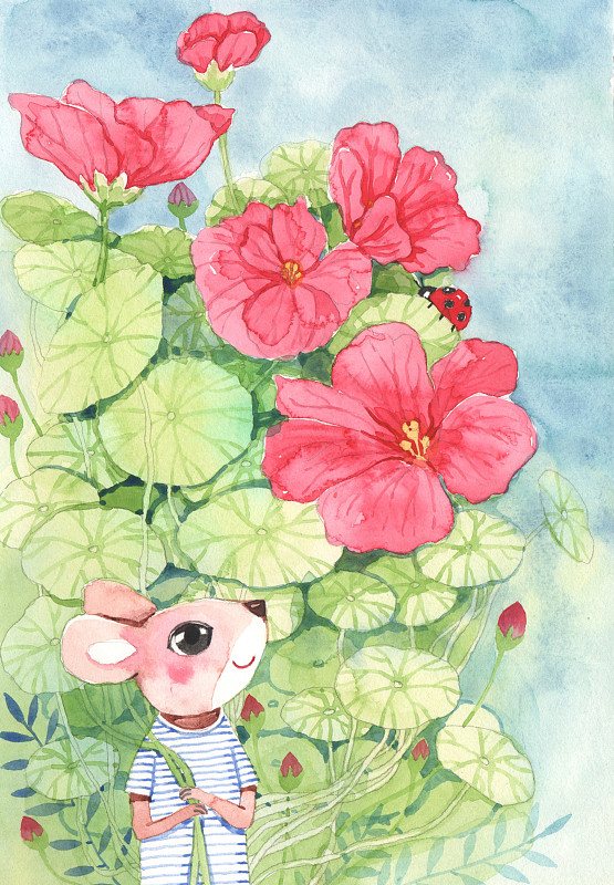 唯美水彩手绘插画-花丛里的可爱老鼠下载