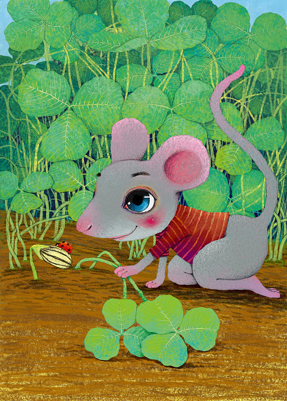 鼠年插画-三叶草旁趴在地上观察瓜子的老鼠下载
