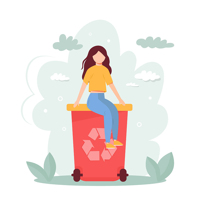 回收概念小女孩坐在垃圾桶上图片下载