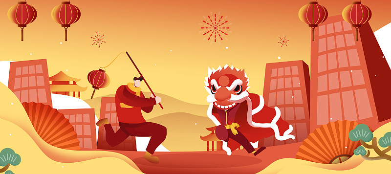卡通手绘新年舞狮提灯笼红色喜庆详情页头图插画图片