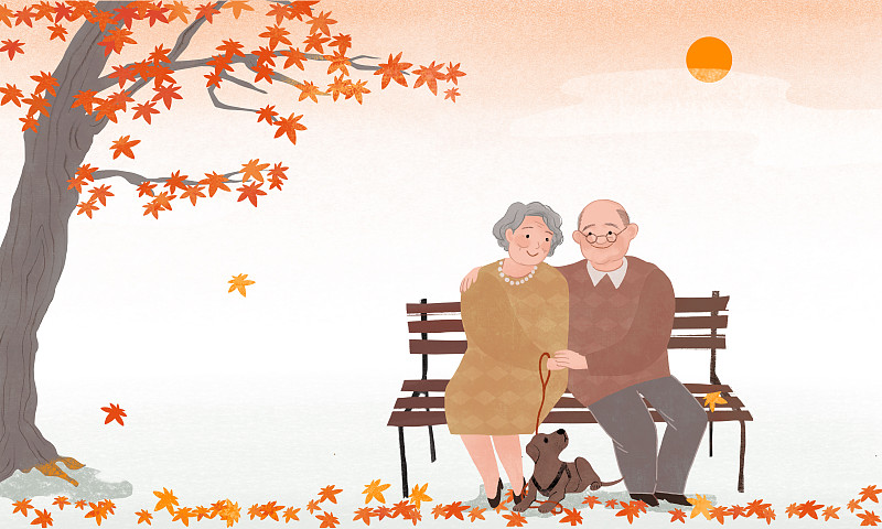 枫树下幸福的老年夫妻图片下载