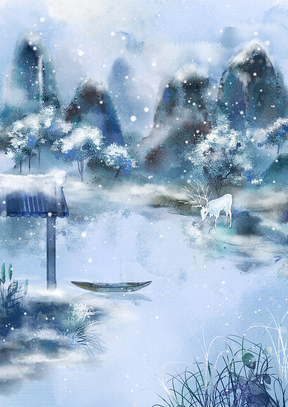 中国风手绘二十四节气插画冬日雪景下载