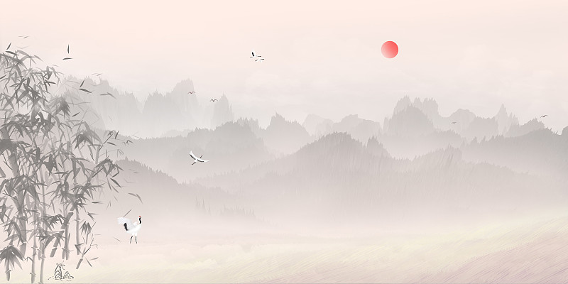 中国风的水墨远山山水画插画背景下载