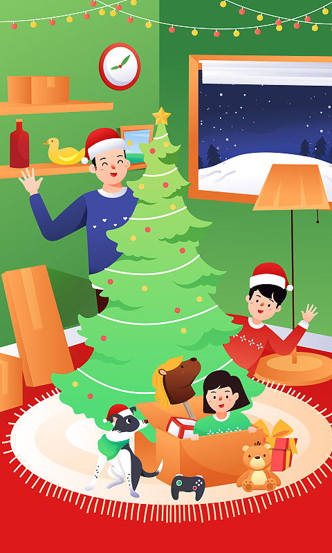 卡通圣诞节家人团聚庆祝活动背景矢量插画图片