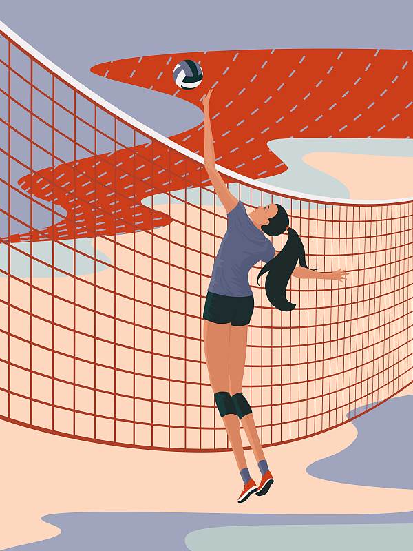 女排运动员跳跃拦网吊球矢量图素材