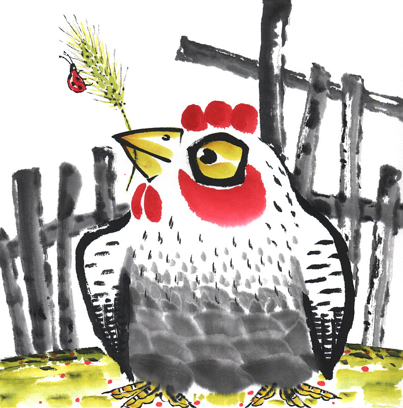 国画水墨插画-围栏边的母鸡下载