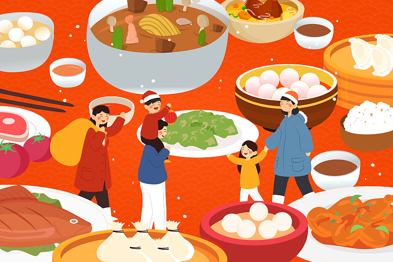 2020新年春节家人吃年夜饭团圆中国风背景矢量插画下载