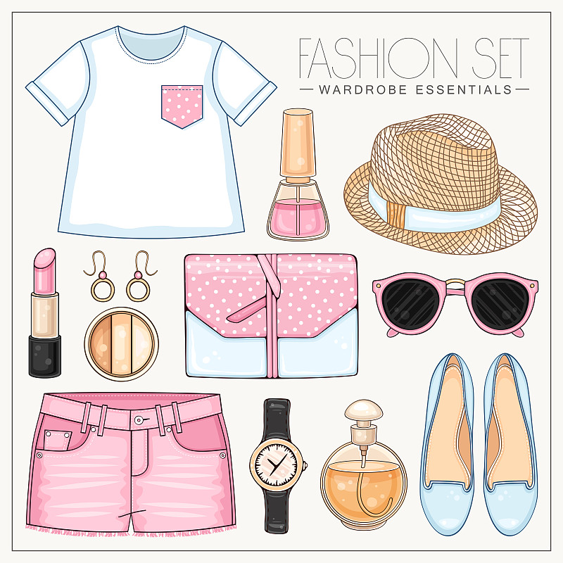 Woman fashion summer clothes, cosmetics and accessories set with pink polka dot top, bag, hat, sunglasses and shorts图片素材