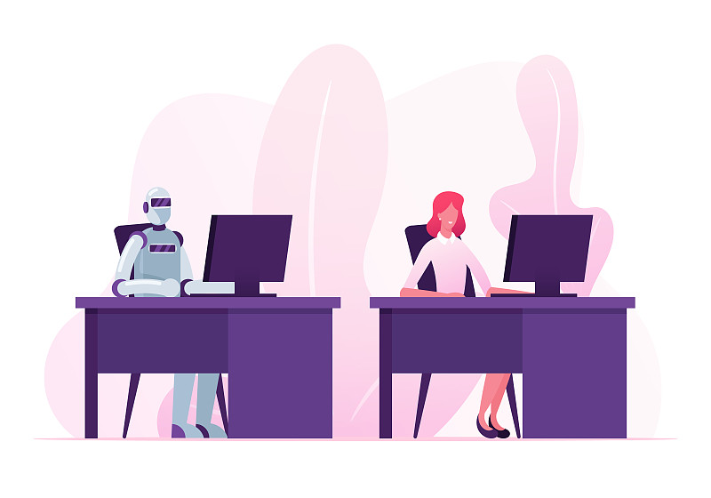 人工智能和人力资源的概念。商业女性角色和机器人一起在办公室工作坐在书桌与计算机未来技术卡通平面矢量插图图片下载