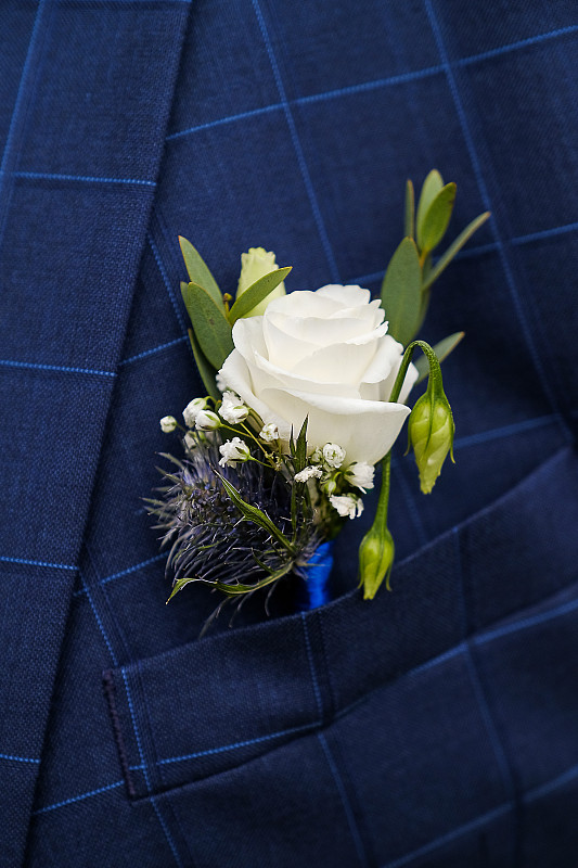 穿着白色衬衫、领结和蓝色格子背心或夹克的年轻男子或新郎。漂亮的胸花白玫瑰和绿叶在背心口袋或翻领。婚礼的主题。图片下载