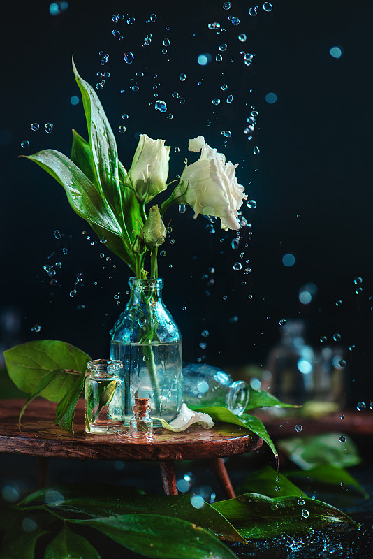 玻璃瓶上有白花、花蕾和落下的水滴图片素材