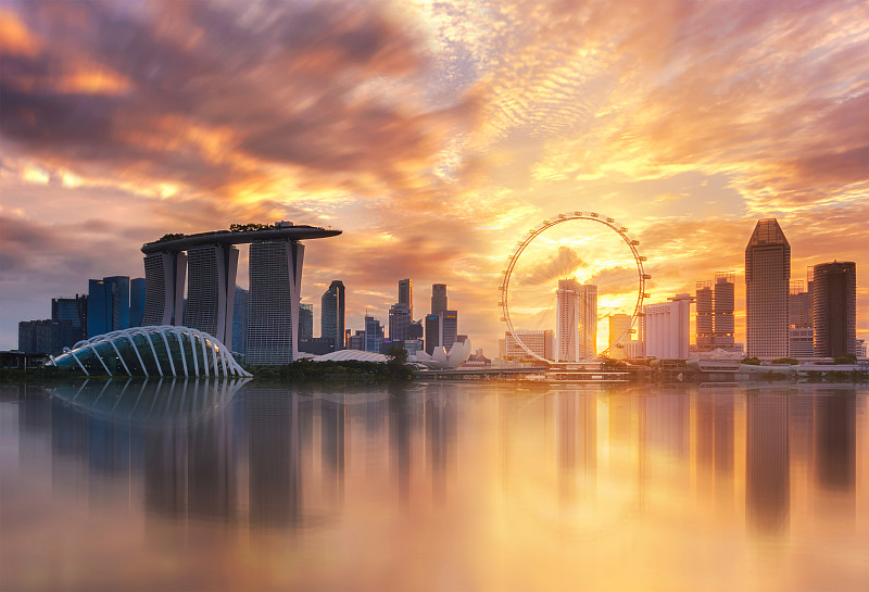 新加坡滨海湾地标，日落，美丽的天空图片素材