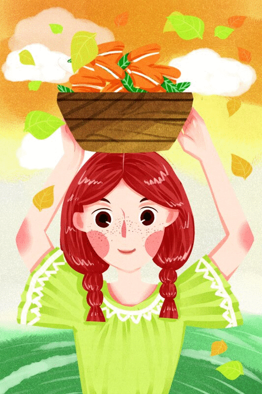 小清新风格可爱秋天女孩和柿子插画动图图片下载