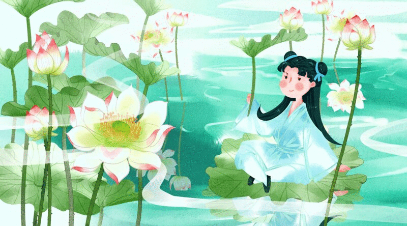 水彩风格古风娃娃与植物二十四节气大暑插画动图图片下载