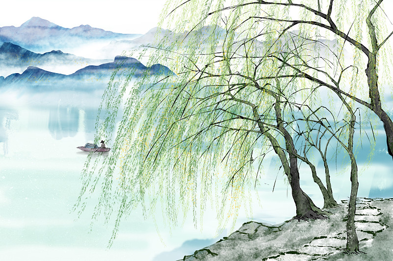 湖边小船及美丽的柳树图片素材