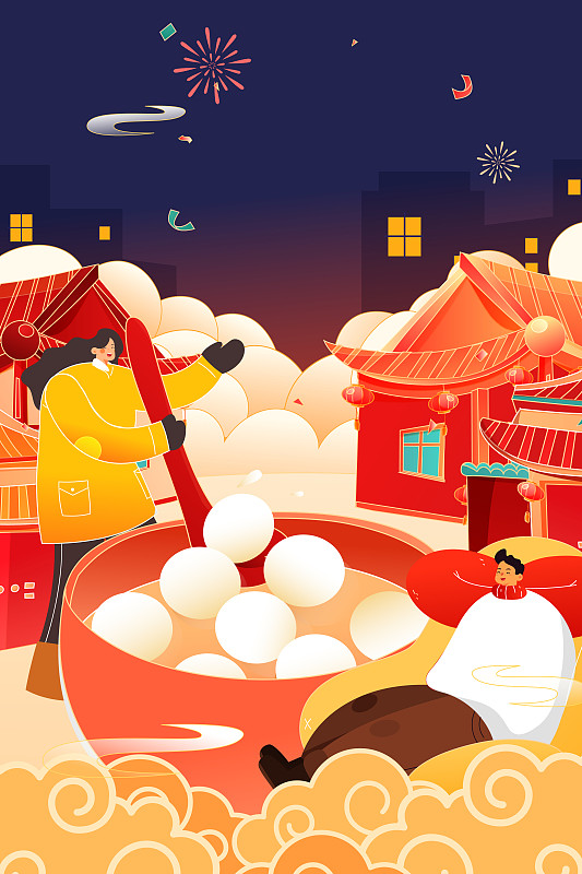 卡通元宵节冬季吃汤圆活动中国风背景矢量插画下载