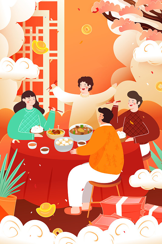 卡通2020鼠年新年家人回家过年年夜饭中国风背景矢量插画下载