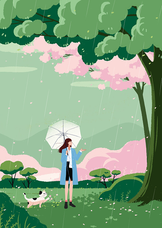 春雨里一个女孩站在绿色的草地上图片素材