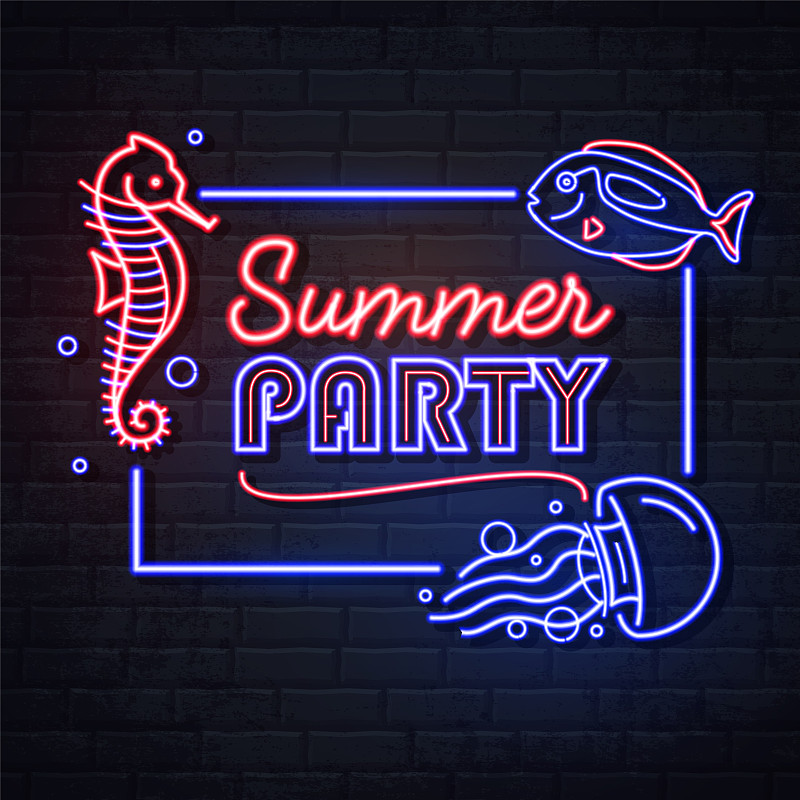 有海马鱼的夏日派对霓虹招牌图片下载