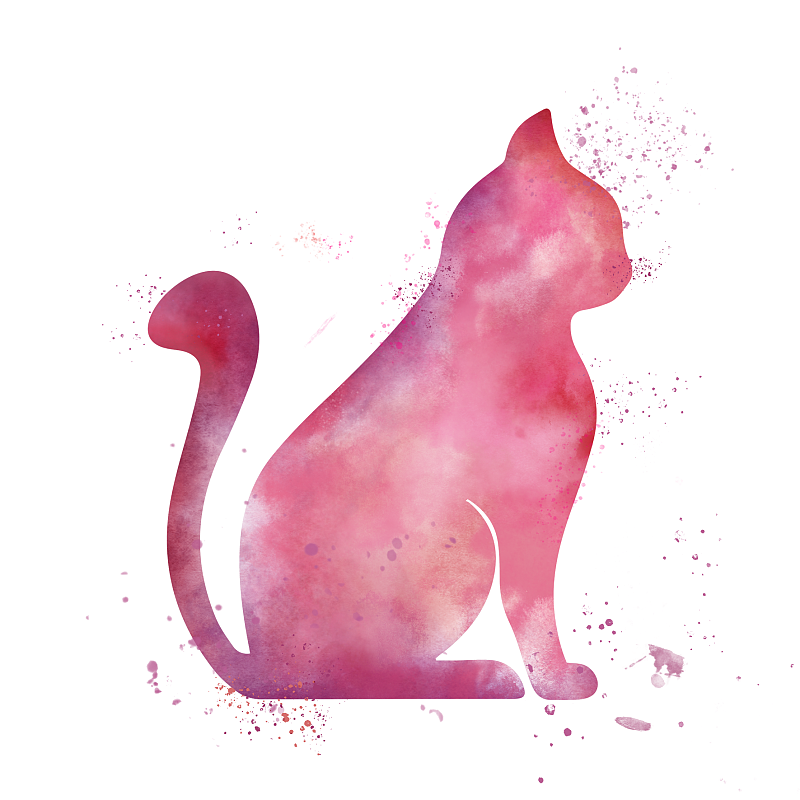 元素插画PNG水彩喷溅水墨猫咪动物可爱乖巧粉色尾巴身体坐着图片