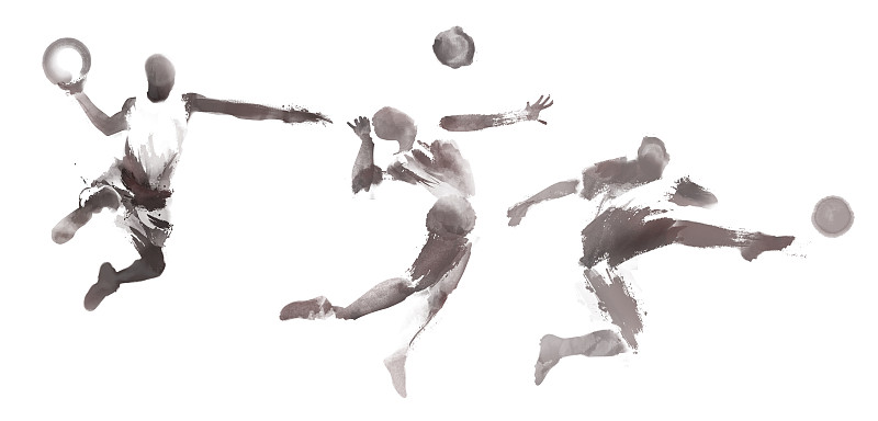 男子打篮球、踢足球、打排球水墨插画图片