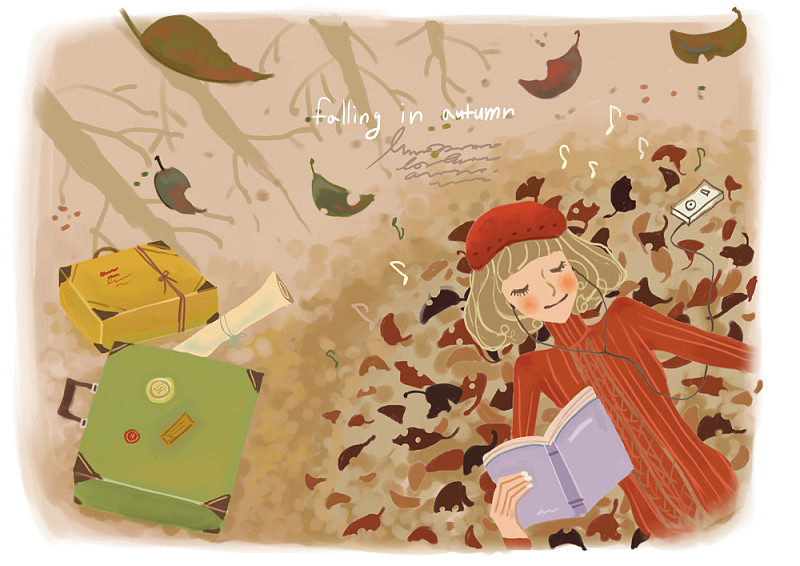 女人躺在树叶旁边的行李在秋天的插图图片下载