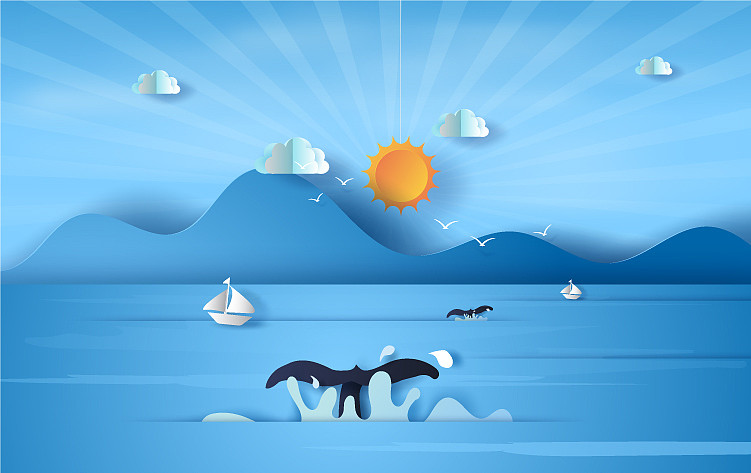 3d尾鲸在海景阳光蓝色图片下载