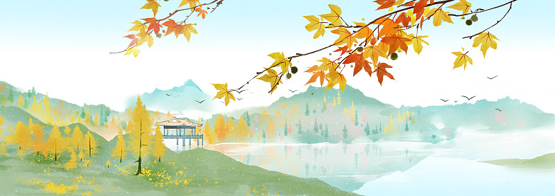 小清新水彩风格古风风景插画 湖泊图片
