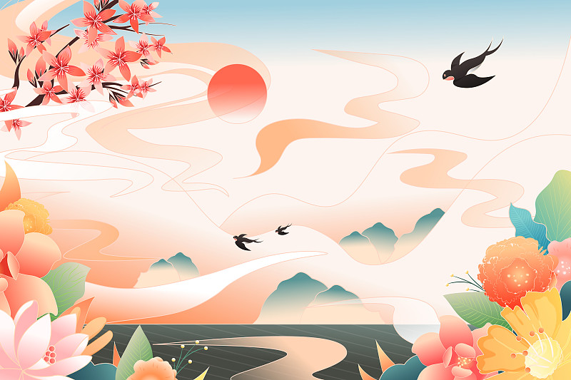 自然风光中国风装饰画传统国风花卉背景矢量插画图片
