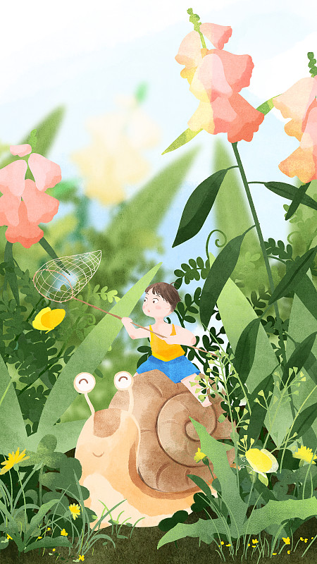 儿童节草丛中骑在蜗牛上捕蝴蝶的男孩插画下载