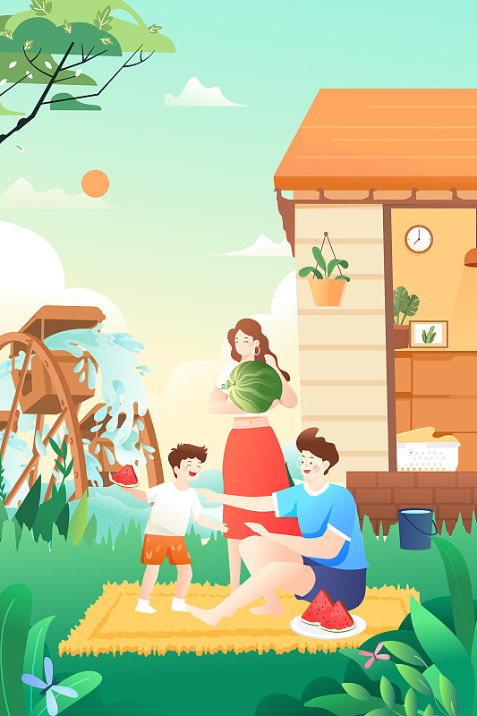 夏季家人亲子吃西瓜玩乐自然风景踏青矢量插画图片