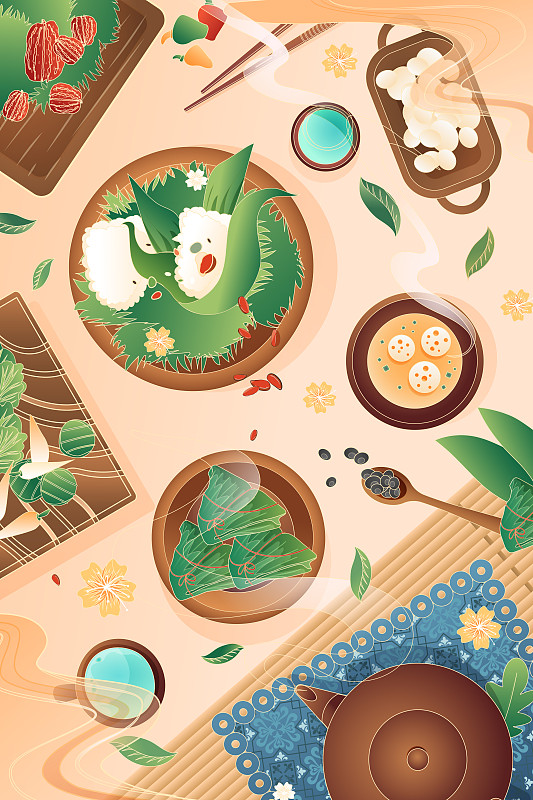 卡通端午节包粽子美食中国风传统节日渐变矢量插画下载