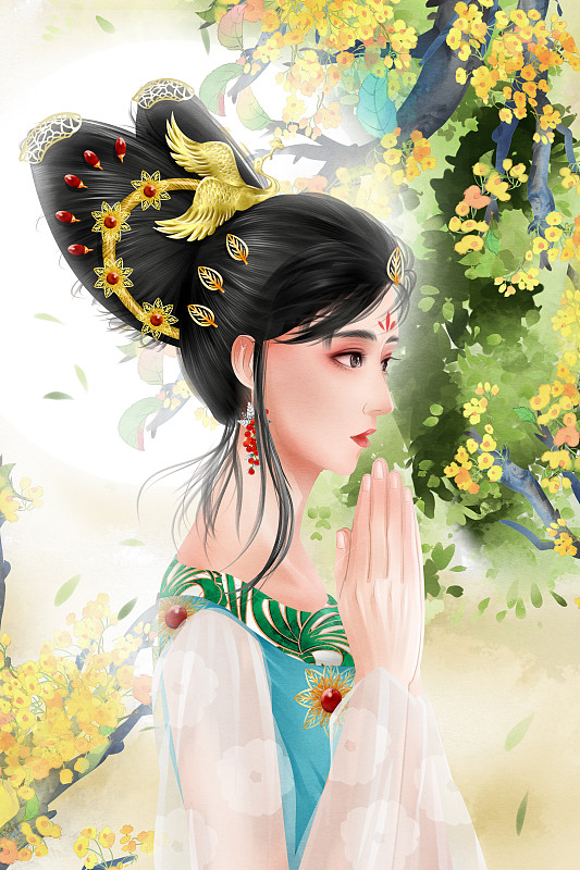 中国风水彩古风女性祈祷插画下载