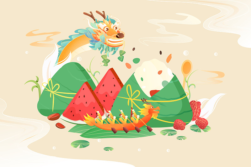 端午节西瓜夏季粽子赛龙舟送礼包装礼盒设计中国风矢量插画图片
