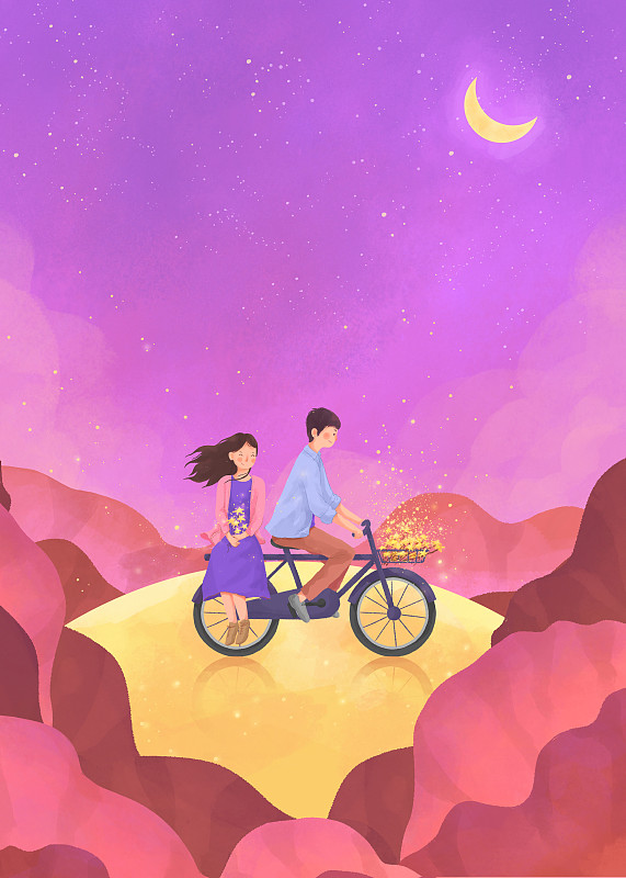 月亮上的情侣梦幻情人节插画竖版下载