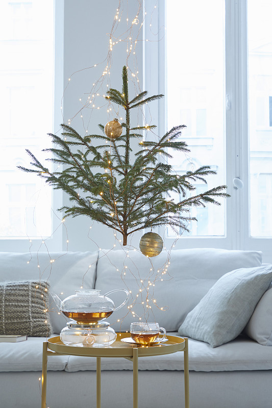 在沙发和玻璃茶后面，装饰着金色的装饰物和童话灯的小圣诞树图片素材