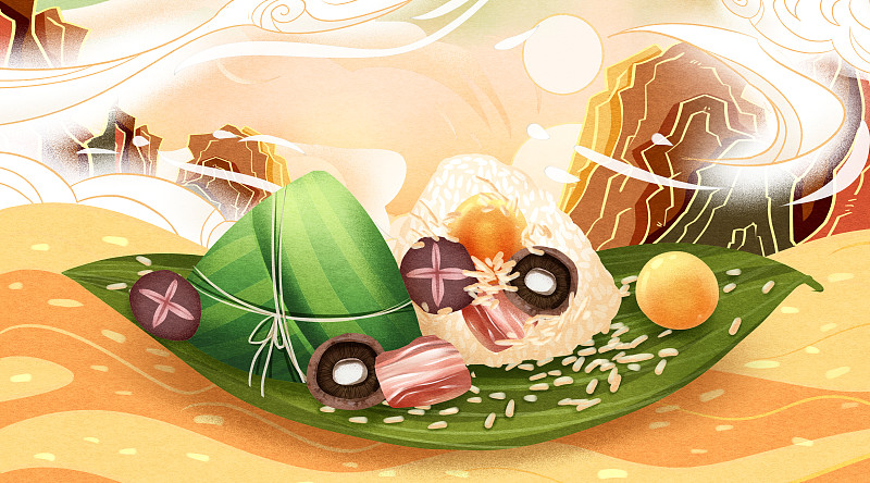 中国传统节日端午节香菇蛋黄五花肉粽子插画图片
