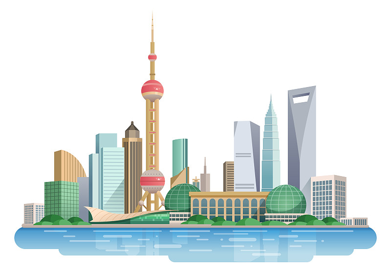 中国上海外滩对岸风景插画图片